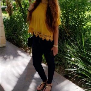Mustard Crochet Off The Shoulder Top
